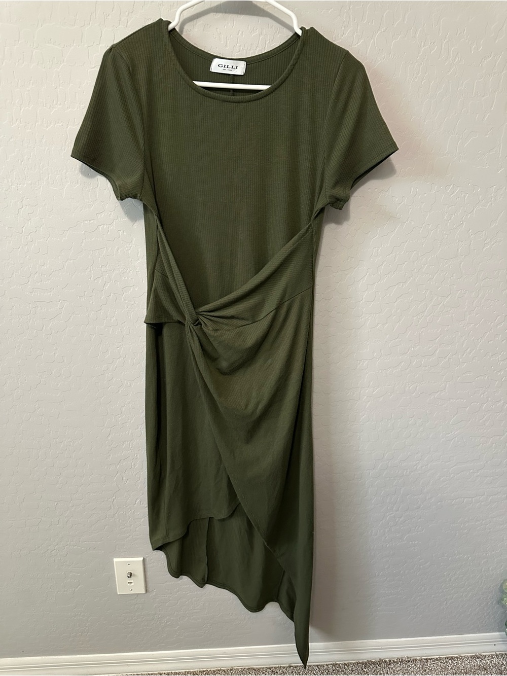 Gilli Olive Knot-Detail Asymmetrical Midi Dress
